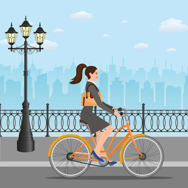 Dama de negocios montar en una bicicleta de crucero . — Vector de stock