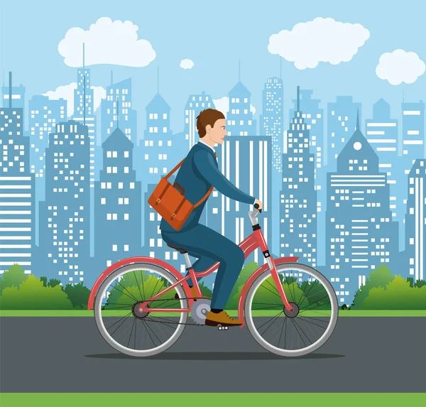 Empresário montando uma bicicleta . — Vetor de Stock