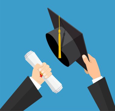 Eğitim kavramı. Mezuniyet şapka ve diploma damga ve şerit öğrencinin elinde. düz stil vektör çizim