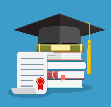 Mezuniyet kap üzerinde yığılmış kitaplar,