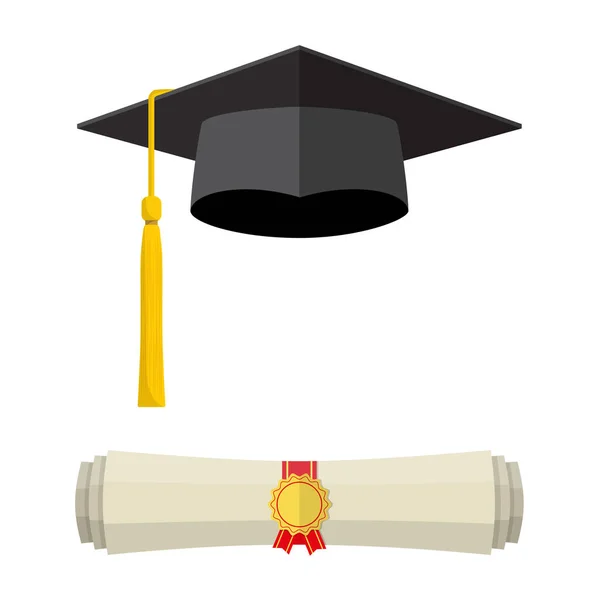 Tapa de graduación y rollo de diploma enrollado . — Vector de stock