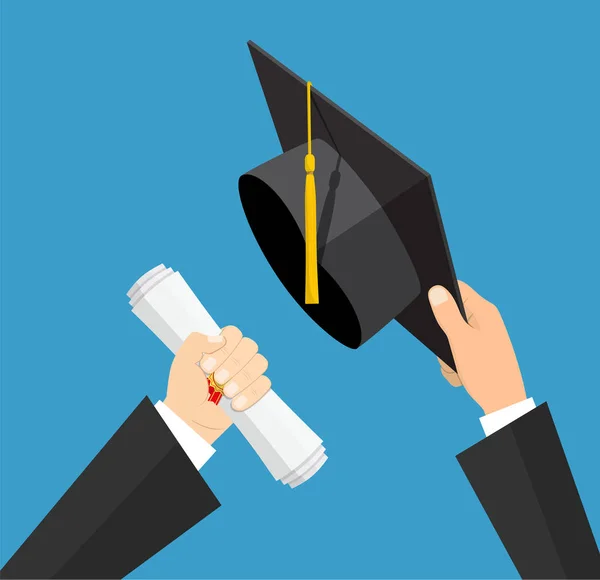 Concepto de educación. Sombrero de graduación y diploma con sello y cinta en manos del estudiante. Ilustración vectorial en estilo plano — Vector de stock