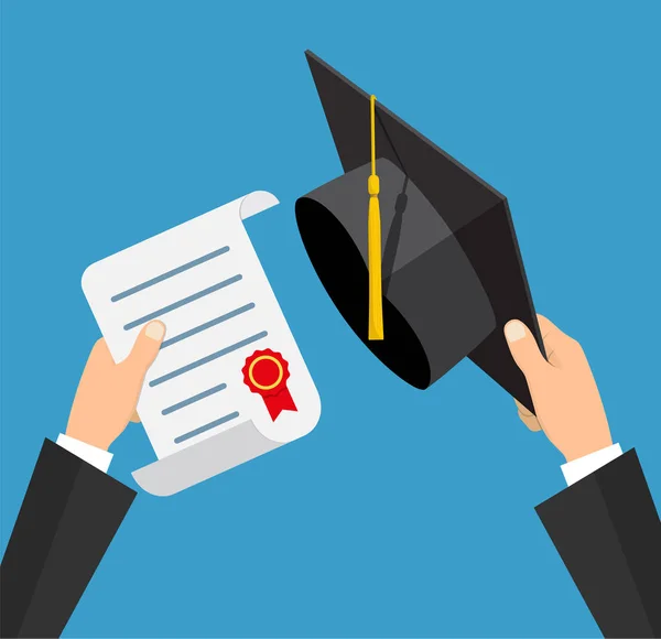 Concepto de educación. Sombrero de graduación y diploma con sello y cinta en manos del estudiante. Ilustración vectorial en estilo plano — Vector de stock