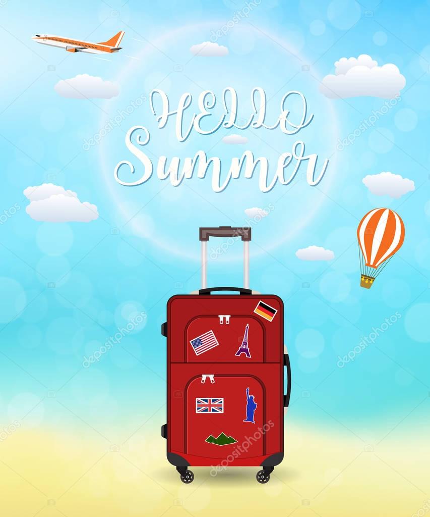 Vacation travelling composition with the bag. Touristic sighns concept. Hello summer holidays. vector illustration