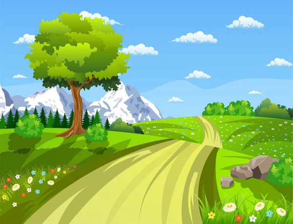 Paisaje verde con árboles nubes flores — Vector de stock