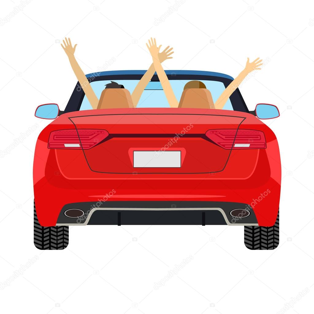 couple in car driving with arms raised.