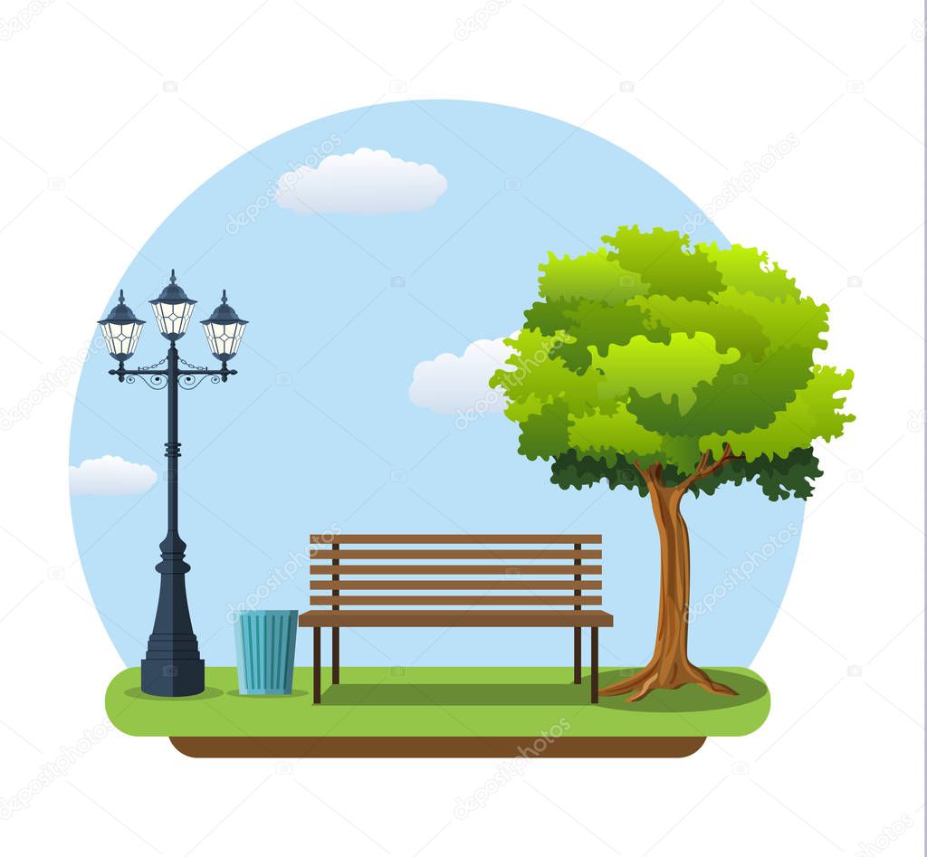 Bench with tree and lantern in the Park.
