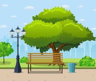 Şehir park bankında büyük bir yeşil ağaç altında