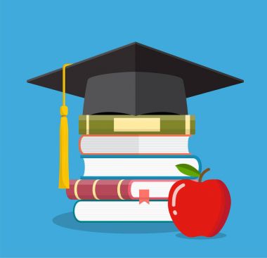 Mezuniyet kap üzerinde yığılmış kitaplar,