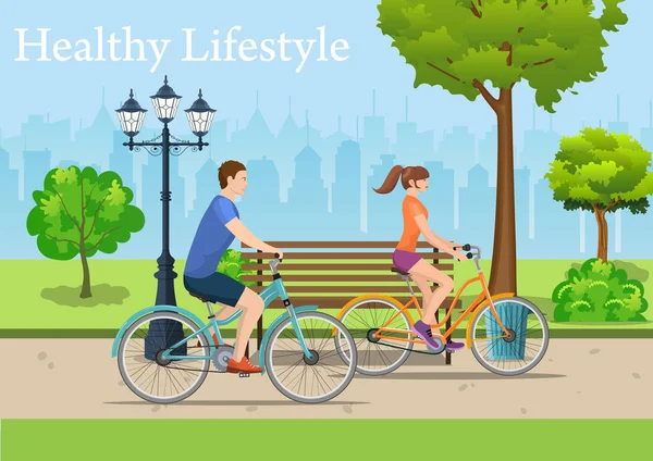 Couple Riding Bicycles In Public Park, — Stock Vector