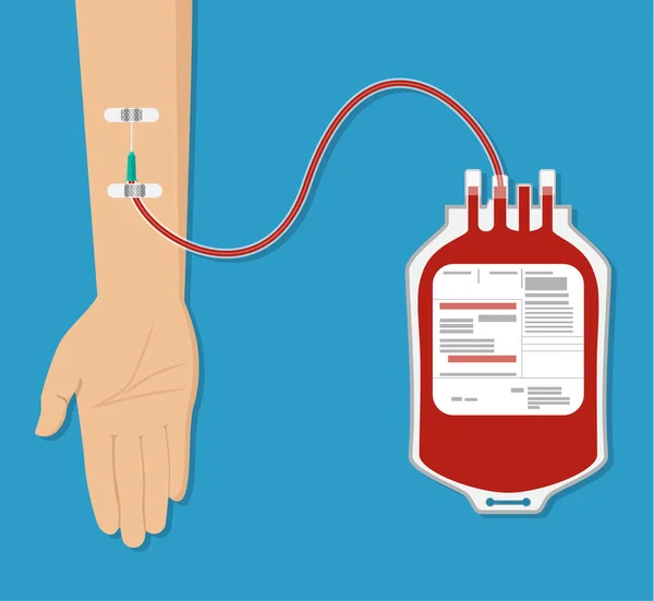 Zak met bloed en hand van donor. — Stockvector