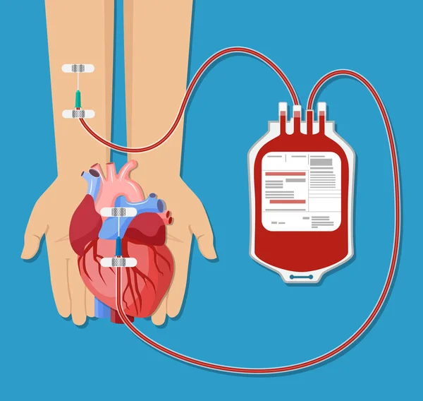 Sacchetto di sangue e mano del donatore con cuore . — Vettoriale Stock