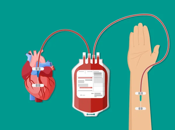 Bolsa de sangre y mano de donante con corazón . — Archivo Imágenes Vectoriales