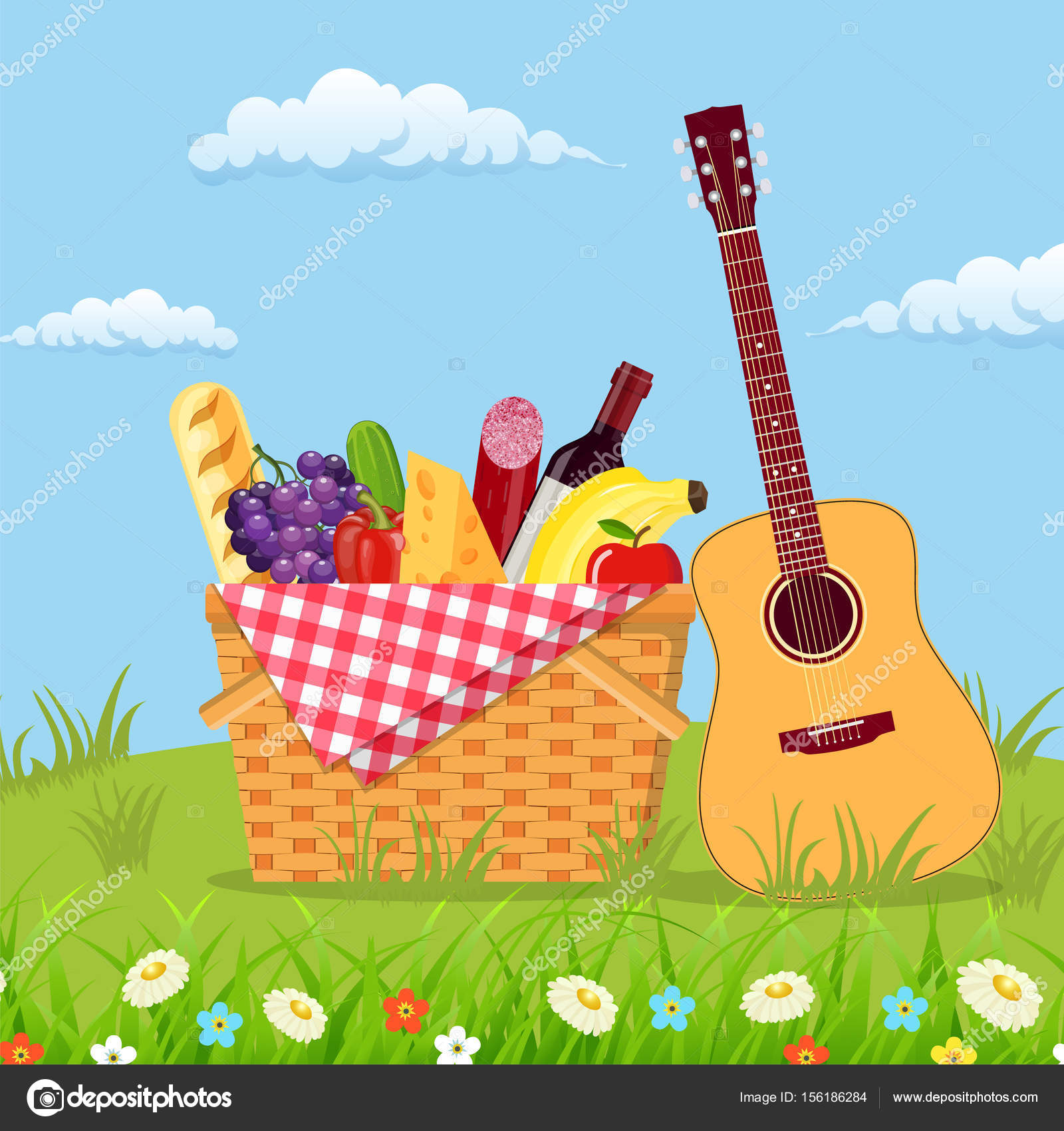 Корзина Для Пикника WIcker Полна Продуктов. Векторное Изображение.