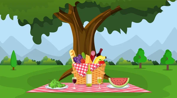 Picknickkorg full av produkter. — Stock vektor