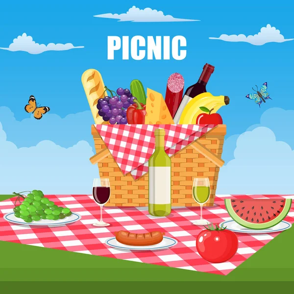 Zomer picknick concept met mand, — Stockvector