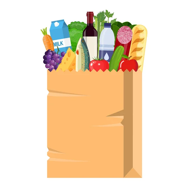 Paper shopping bag full of groceries products. — Stock Vector