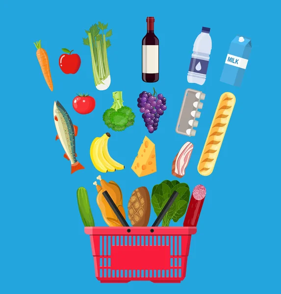 Cesta de la compra llena de productos de alimentación . — Vector de stock