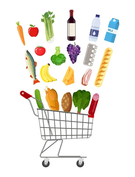 Metal shopping cart full of groceries products. — Stock Vector