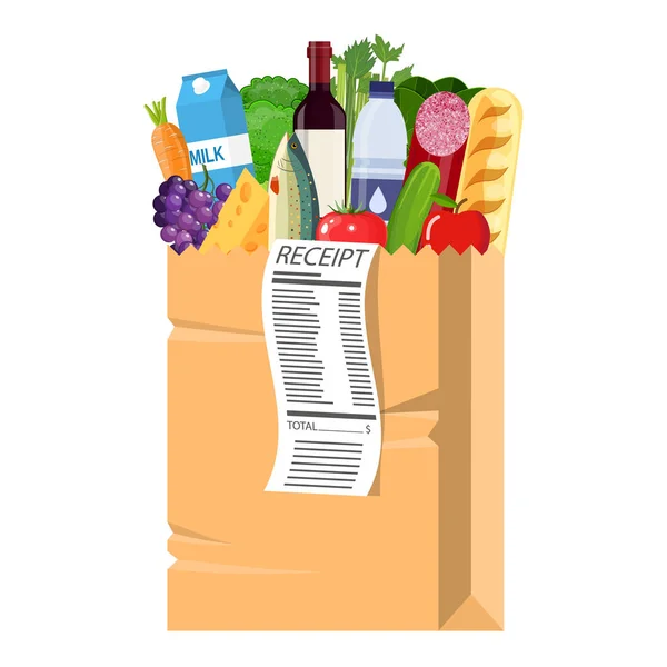 Paper shopping bag full of groceries products. — Stock Vector