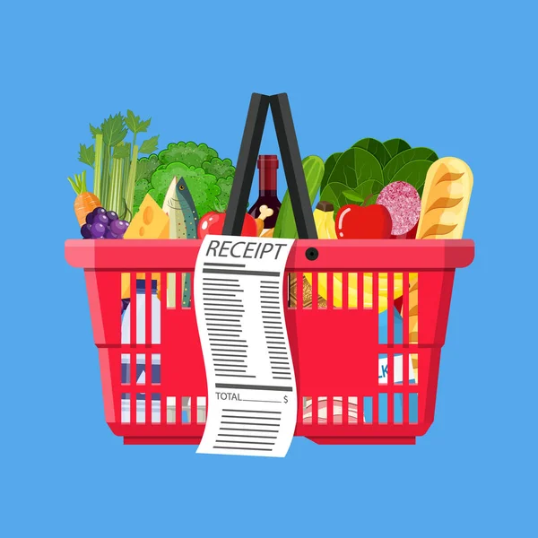 Plastic shopping basket full of groceries products — Stock Vector