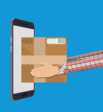 Posta karton kutu ve smartphone ile el.