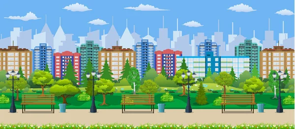 Concept de parc municipal, banc en bois, lampadaire — Image vectorielle