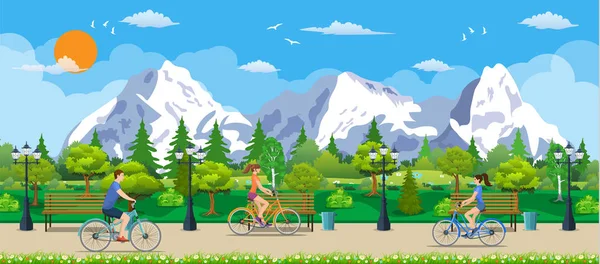 Ιππασία ποδήλατα σε δημόσιο πάρκο, — Διανυσματικό Αρχείο