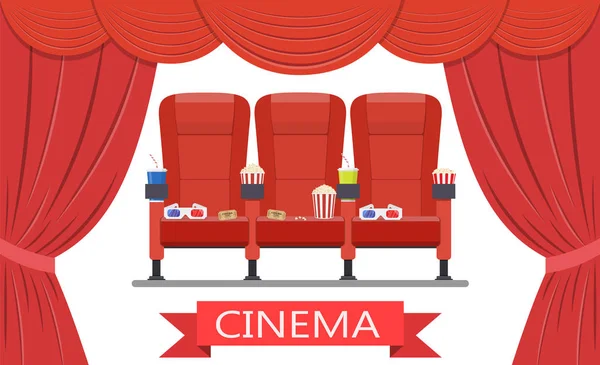 Drinkar och popcorn, glasögon för film — Stock vektor