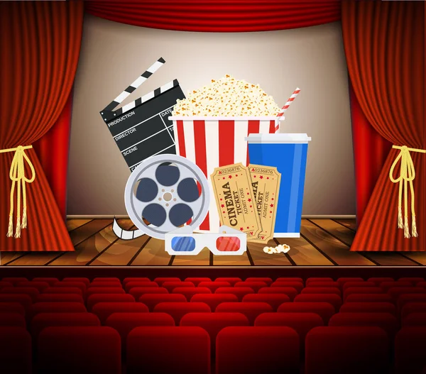 Cine con fila de asientos rojos — Vector de stock