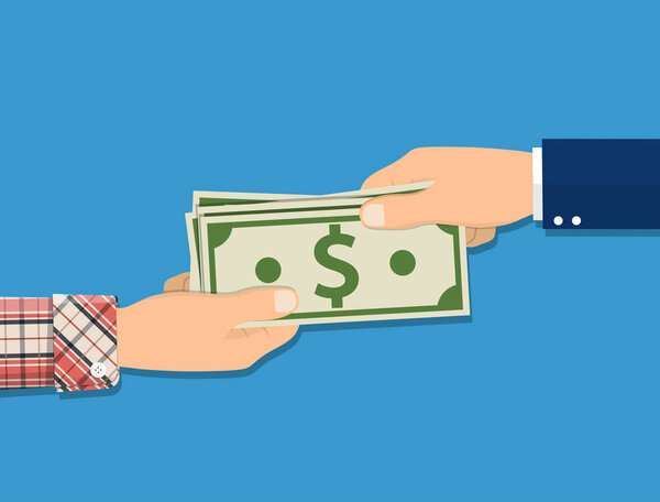 Human hand giving money to other hand.