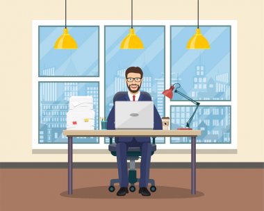 Office çalışma alanı tablosu, kitaplık, pencere ile.