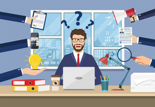 Happy businessman with many hands