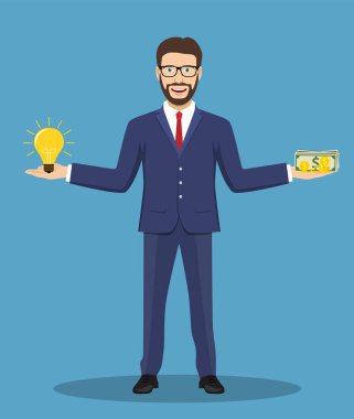 İş adamı fikri ve para ile onun denge