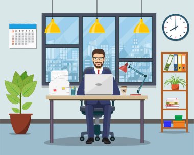 Office çalışma alanı tablosu, kitaplık, pencere ile.