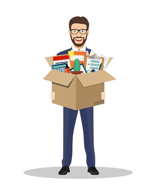 Empresario sosteniendo en una caja de cartón — Vector de stock