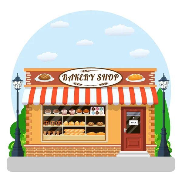 Panadería tienda frente veiw icono plano . — Vector de stock