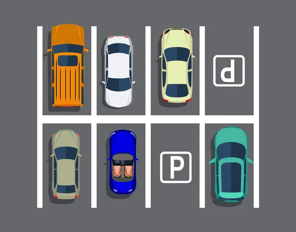 Πάρκινγκ πόλη με διαφορετικά αυτοκίνητα. — Διανυσματικό Αρχείο