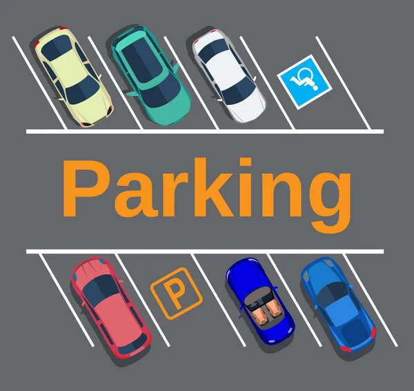 Parking de la ciudad con diferentes coches . — Vector de stock