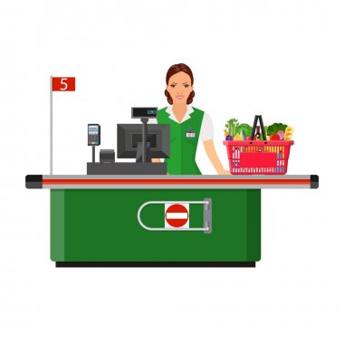 Kadın kasiyer gülümsüyor alıcı yazarkasa yakınındaki