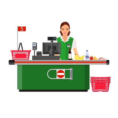 Kadın kasiyer gülümsüyor alıcı yazarkasa yakınındaki