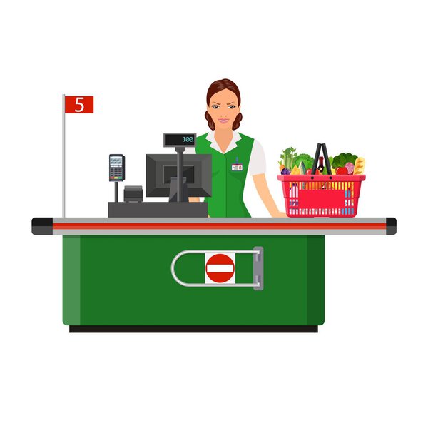 Woman cashier smiles buyer near the cash register