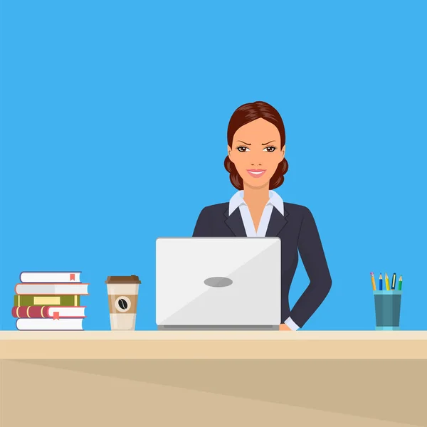 Mulher de negócios Sitting Desk Trabalho Laptop — Vetor de Stock