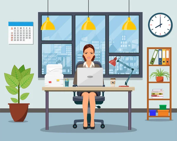 Oficina de trabajo con mesa, librería, ventana . — Vector de stock