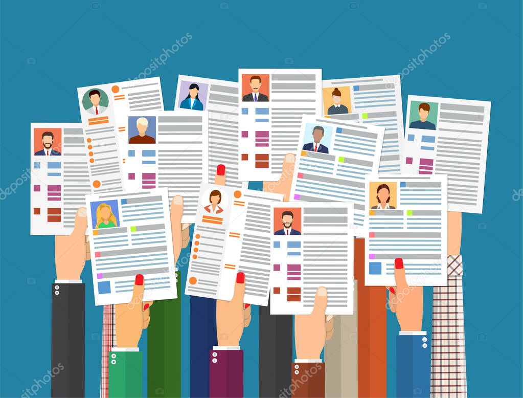 Hands holding cv resume documents.