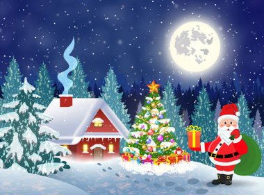 Karlı Noel manzaralı bir ev Geceleyin