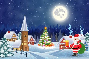Karlı Noel manzaralı bir ev Geceleyin