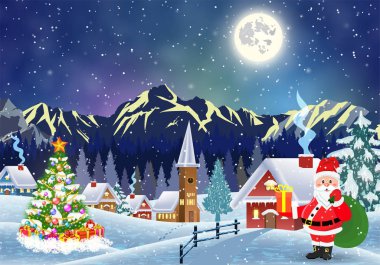 Karlı Noel manzaralı bir ev Geceleyin
