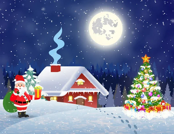 Casa en el paisaje nevado de Navidad por la noche — Vector de stock