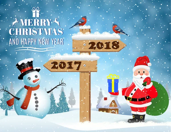 Santa Claus con bolsa de regalo y muñeco de nieve — Vector de stock